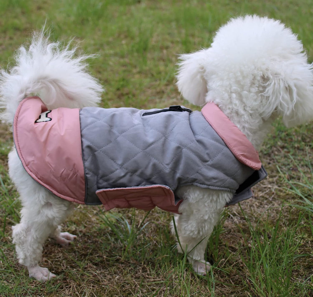 Reversible Waterproof Dog Coats for Small Breeds - Warm Winter Jacket in Pink and Grey, Size M