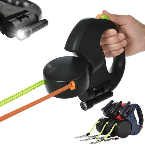 3M Reflective Retractable Dual Leash for Small Dogs with 360° Swivel and Integrated Lights