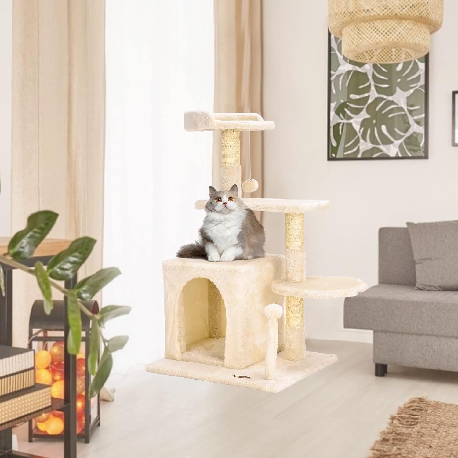 Cat Tree Tower - Indoor/Outdoor Cat Condo with Scratching Post and Activity Center for Sleeping and Playing (33.5" Beige)