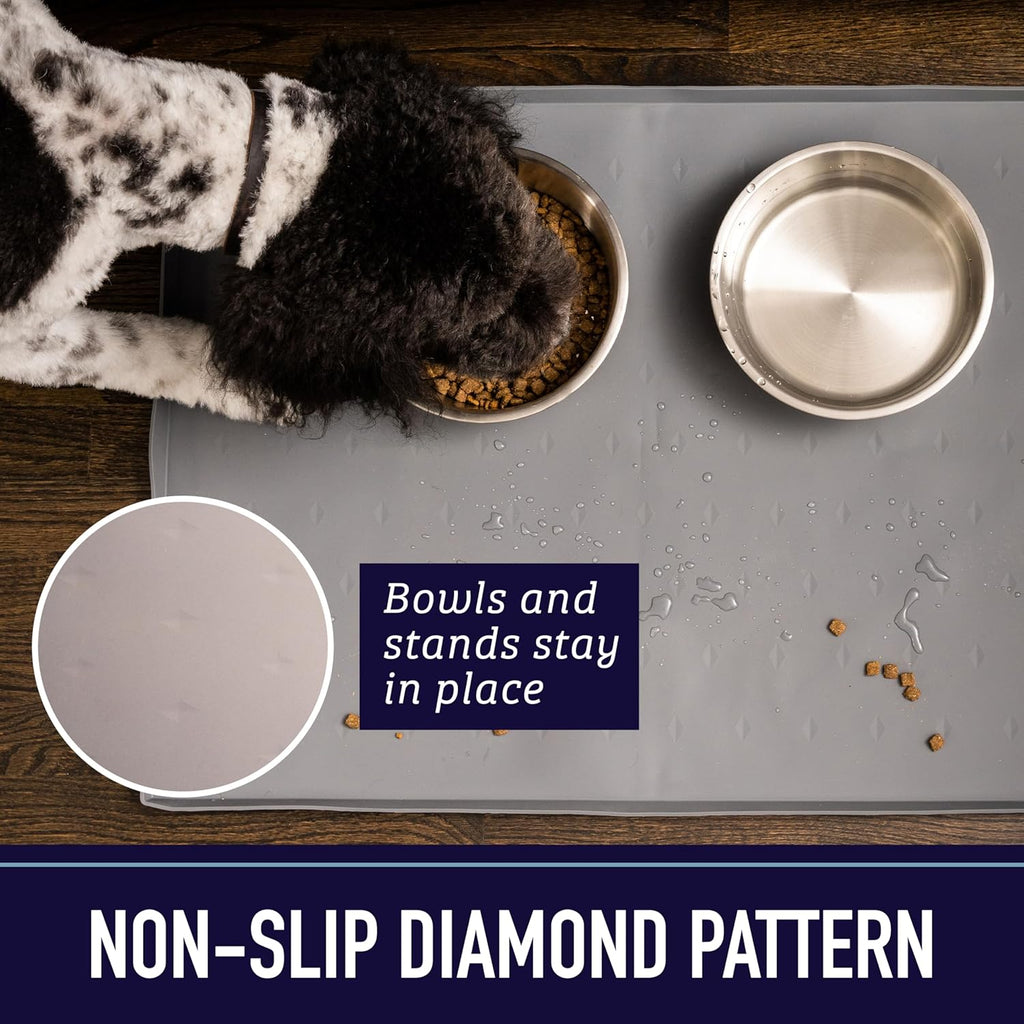 Raised-Edge Waterproof Silicone Dog Food Mat - Non-Slip and Dishwasher-Safe Pet Placemat for Food and Water Bowls - 25 x 17 Inches, Gray