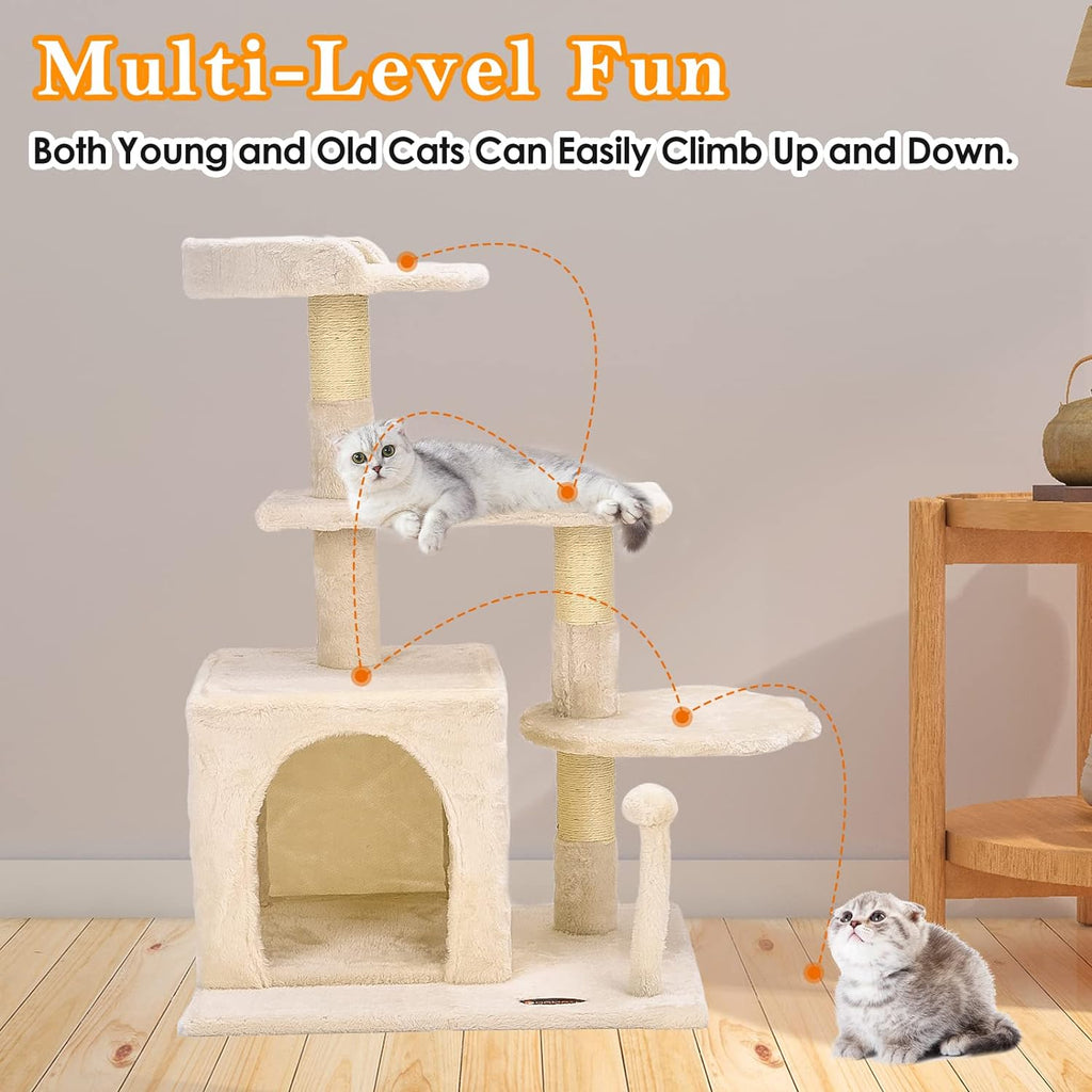 Cat Tree Tower - Indoor/Outdoor Cat Condo with Scratching Post and Activity Center for Sleeping and Playing (33.5" Beige)