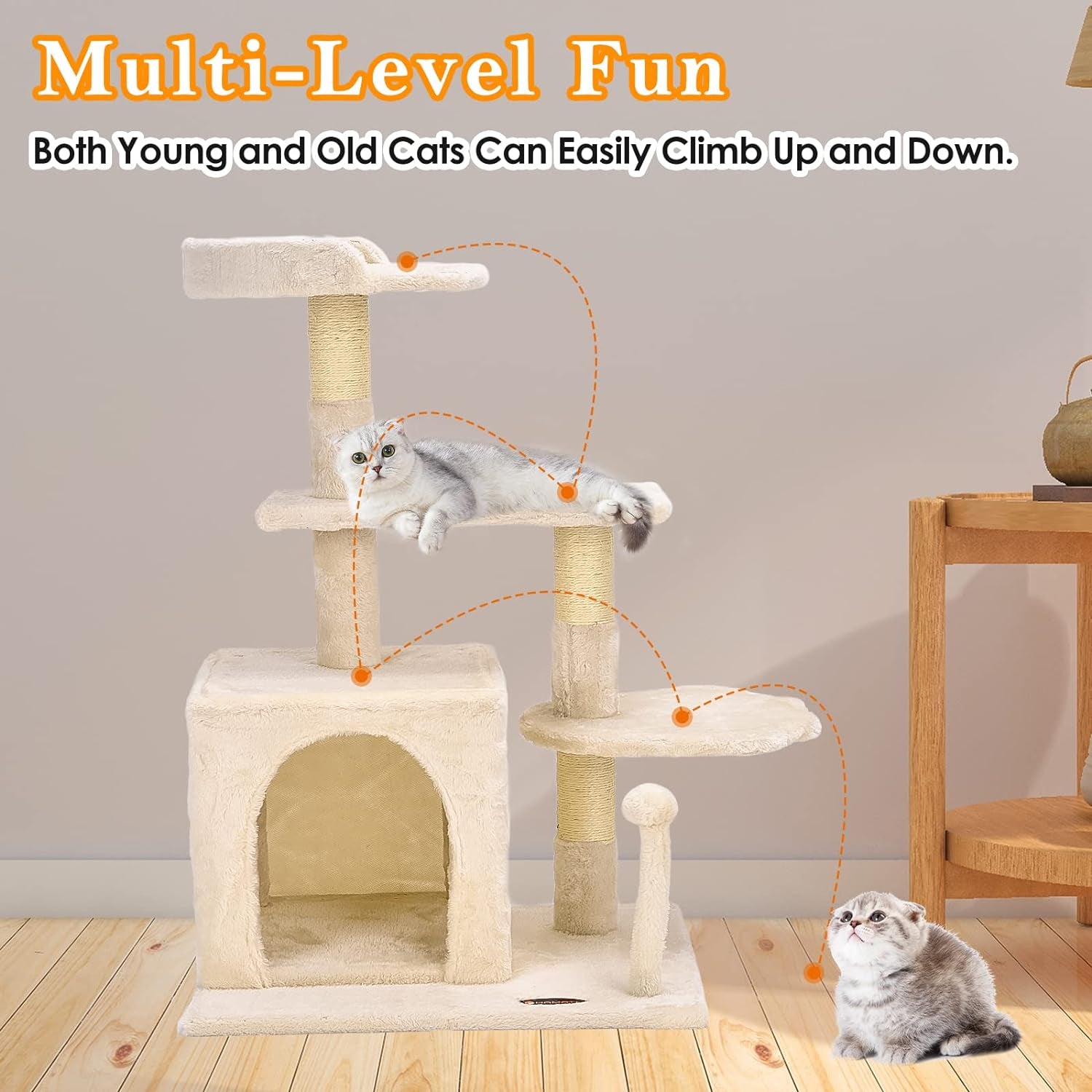 Cat Tree Tower - Indoor/Outdoor Cat Condo with Scratching Post and Activity Center for Sleeping and Playing (33.5" Beige)