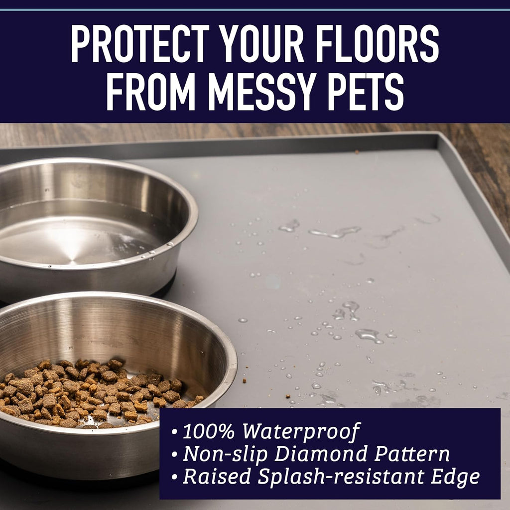 Raised-Edge Waterproof Silicone Dog Food Mat - Non-Slip and Dishwasher-Safe Pet Placemat for Food and Water Bowls - 25 x 17 Inches, Gray