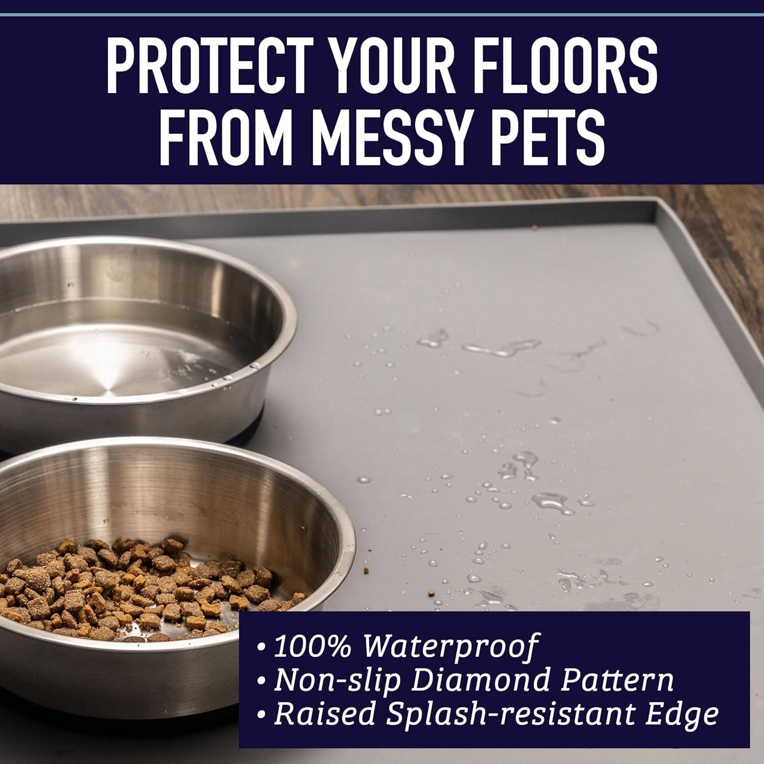 Raised-Edge Waterproof Silicone Dog Food Mat - Non-Slip and Dishwasher-Safe Pet Placemat for Food and Water Bowls - 25 x 17 Inches, Gray