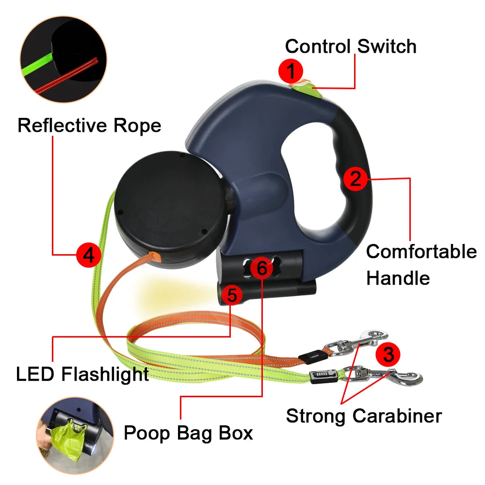 3M Reflective Retractable Dual Leash for Small Dogs with 360° Swivel and Integrated Lights