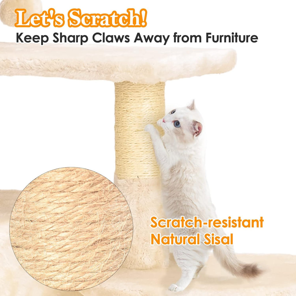 Cat Tree Tower - Indoor/Outdoor Cat Condo with Scratching Post and Activity Center for Sleeping and Playing (33.5" Beige)