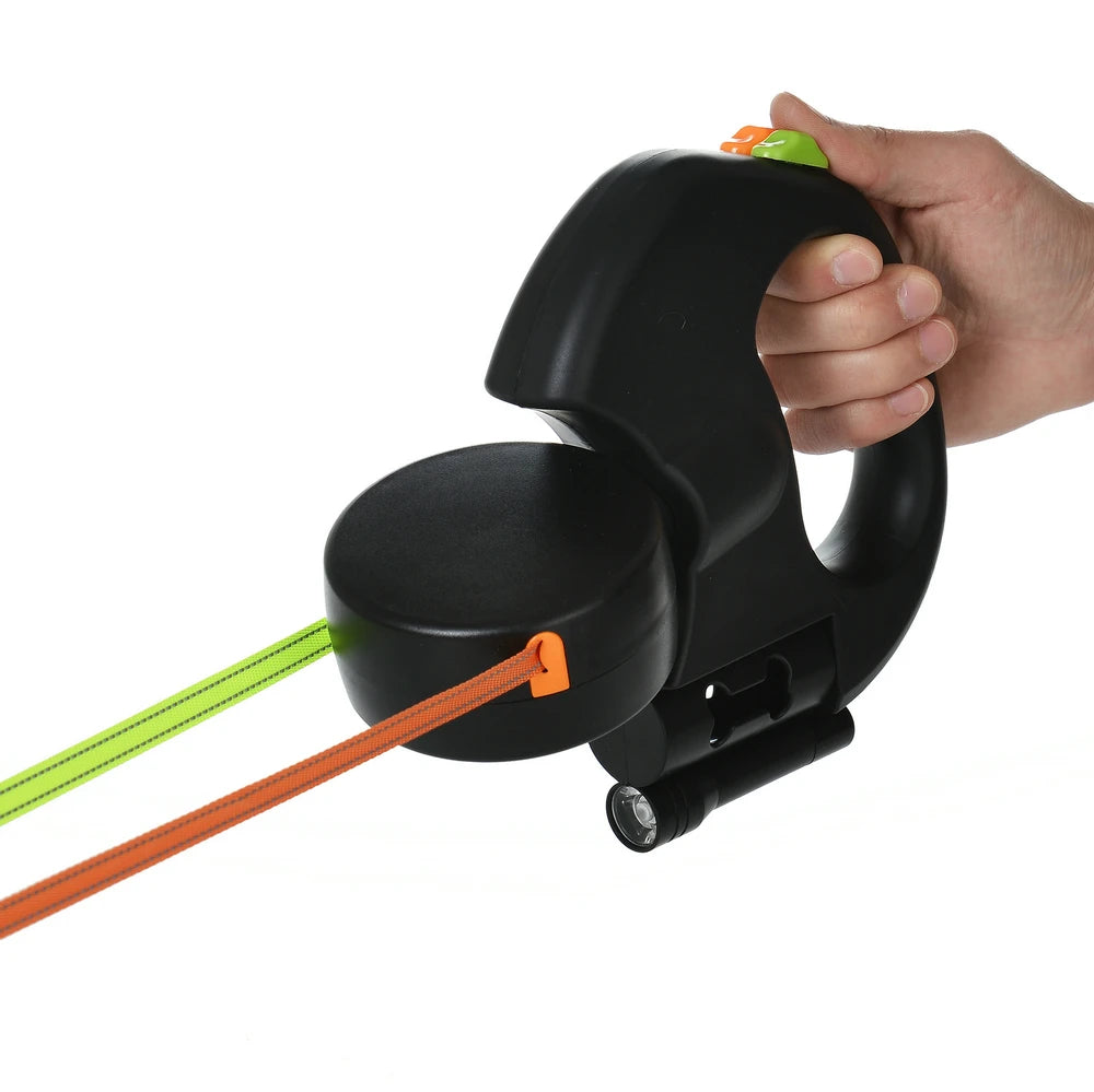 3M Reflective Retractable Dual Leash for Small Dogs with 360° Swivel and Integrated Lights