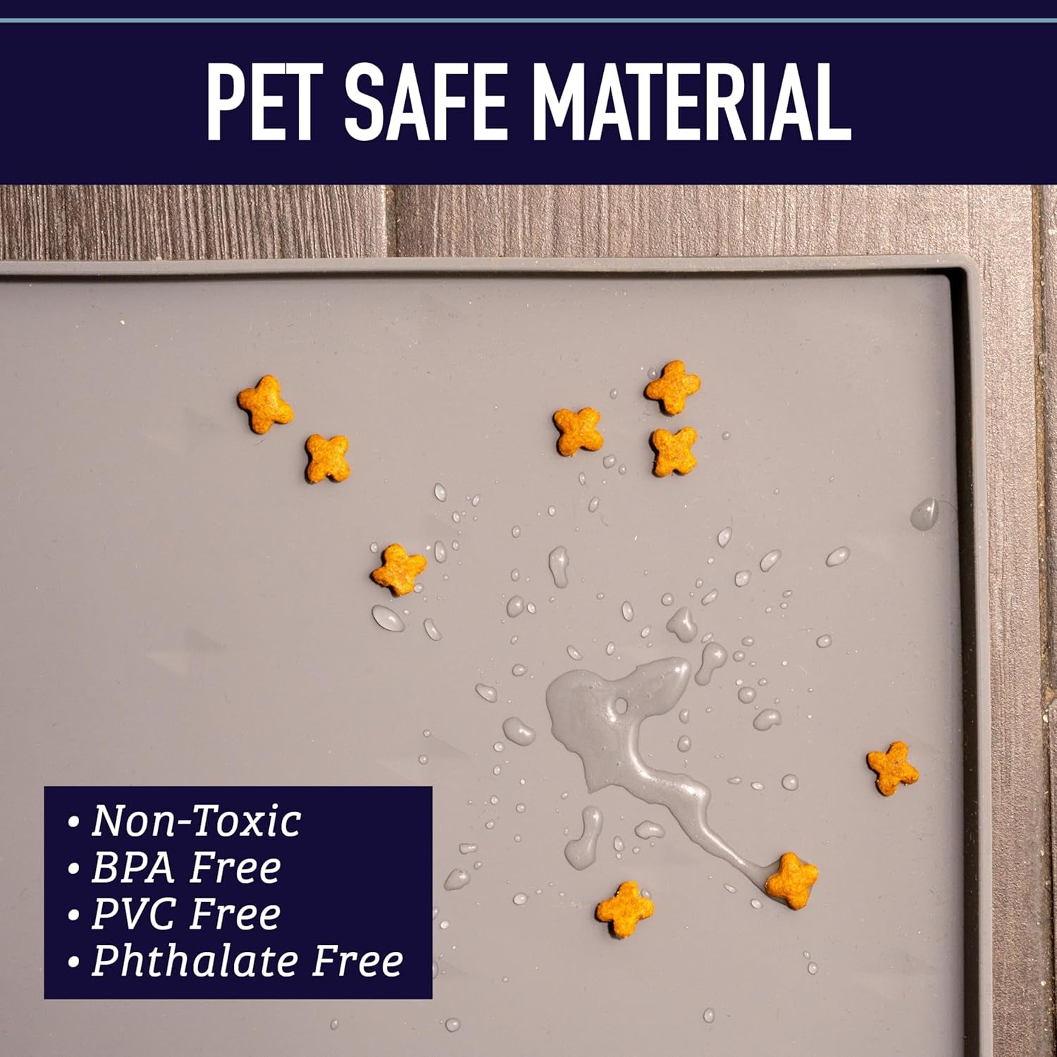Raised-Edge Waterproof Silicone Dog Food Mat - Non-Slip and Dishwasher-Safe Pet Placemat for Food and Water Bowls - 25 x 17 Inches, Gray