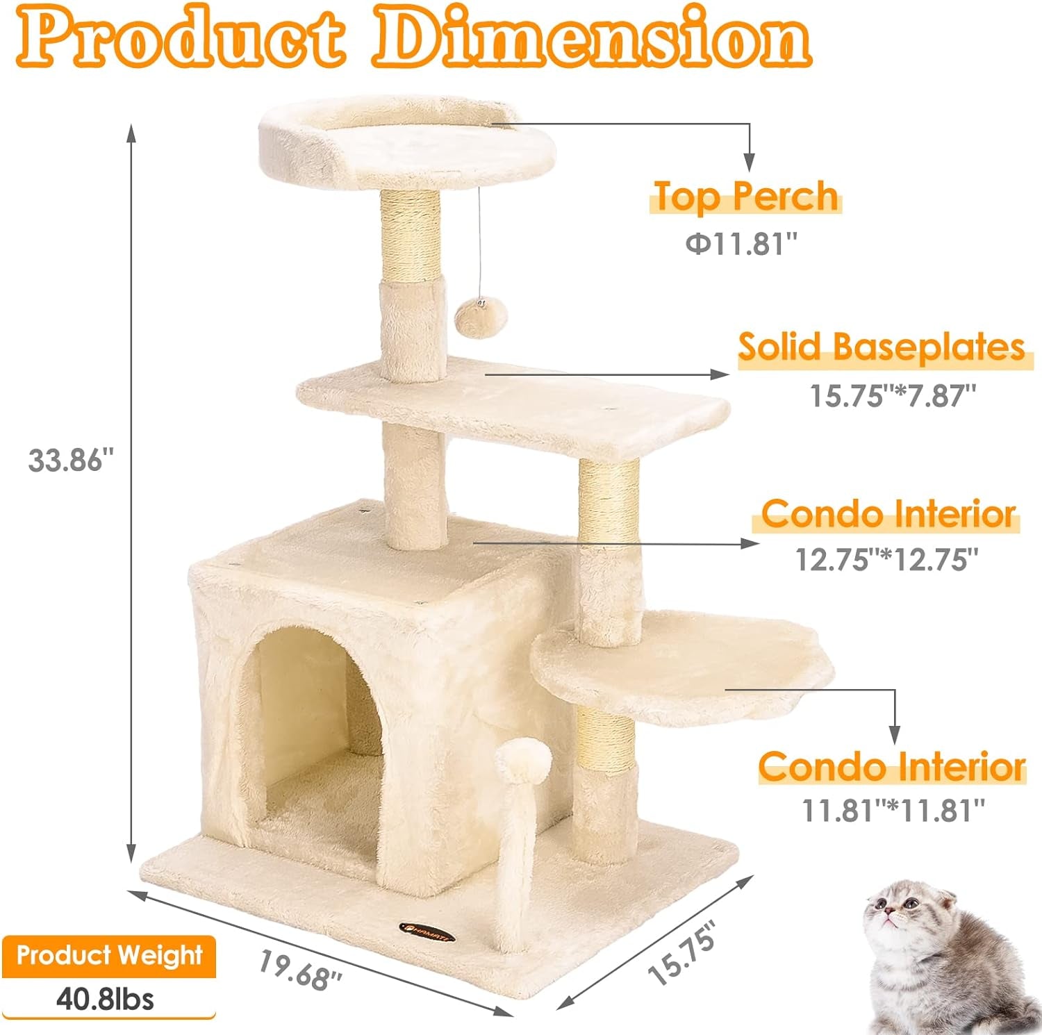 Cat Tree Tower - Indoor/Outdoor Cat Condo with Scratching Post and Activity Center for Sleeping and Playing (33.5" Beige)