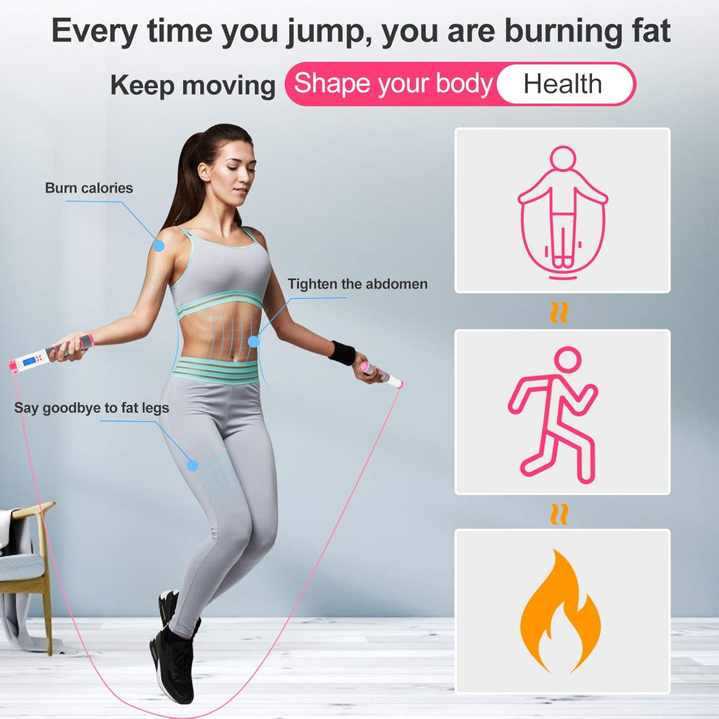 Jump Rope, Digital Weighted Handle Workout Jumping Rope with Calorie Counter for Fitness Exercise Boxing, Cordless Skipping Rope for Adults, Men, Women, Kids, Girls (Pink)