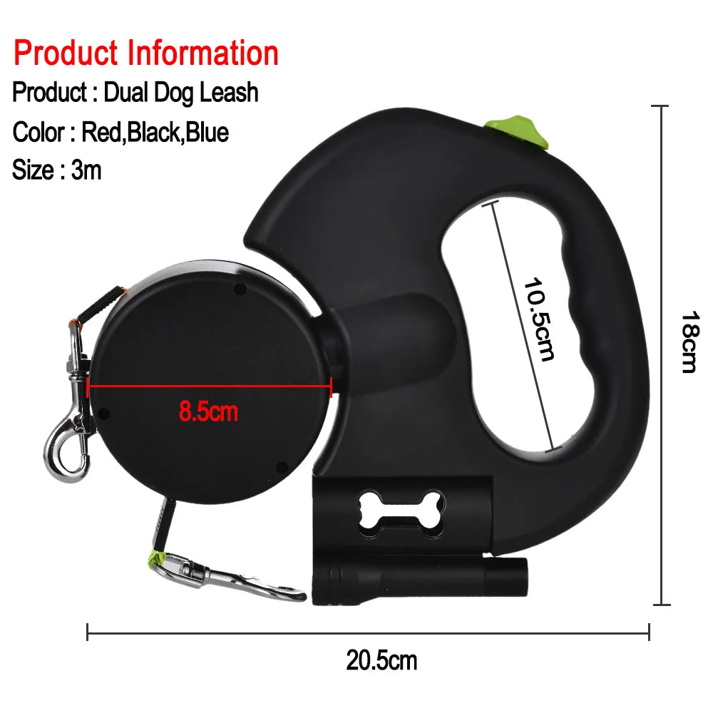 3M Reflective Retractable Dual Leash for Small Dogs with 360° Swivel and Integrated Lights